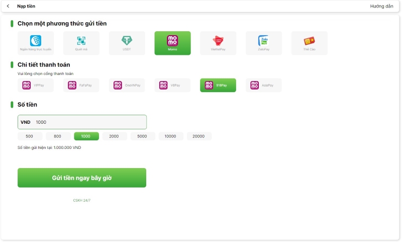 Hình thức nạp tiền OK9 qua ví điện tử
